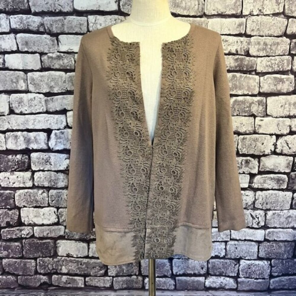Chico's Taupe Long Sleeve Decorative Lace Front Jacket Size L